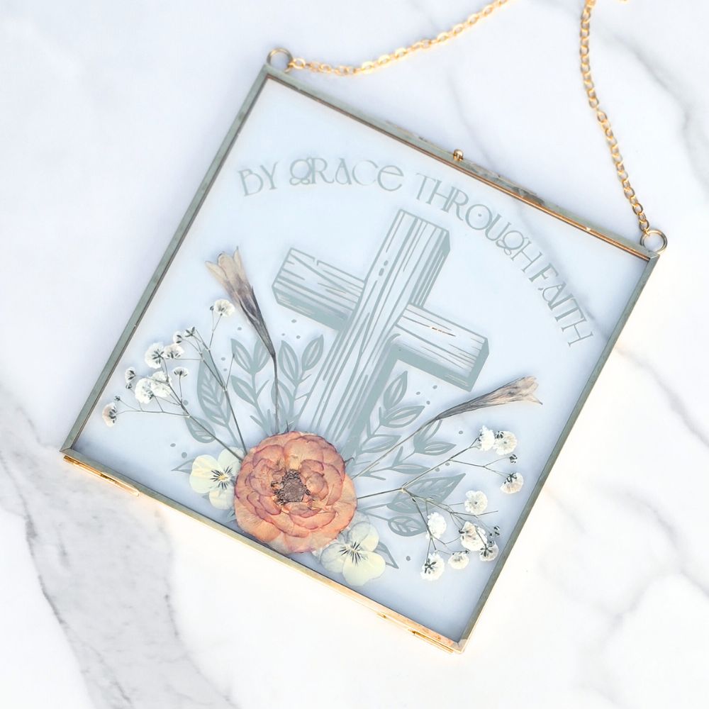 By Grace Through Faith Pressed Flower Scripture Art