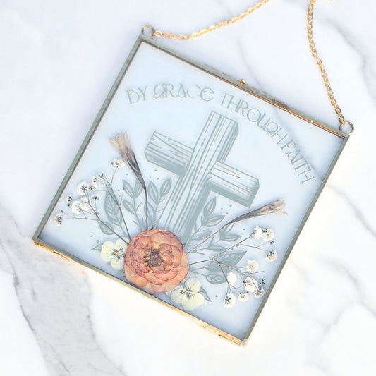 By Grace Through Faith Pressed Flower Scripture Art